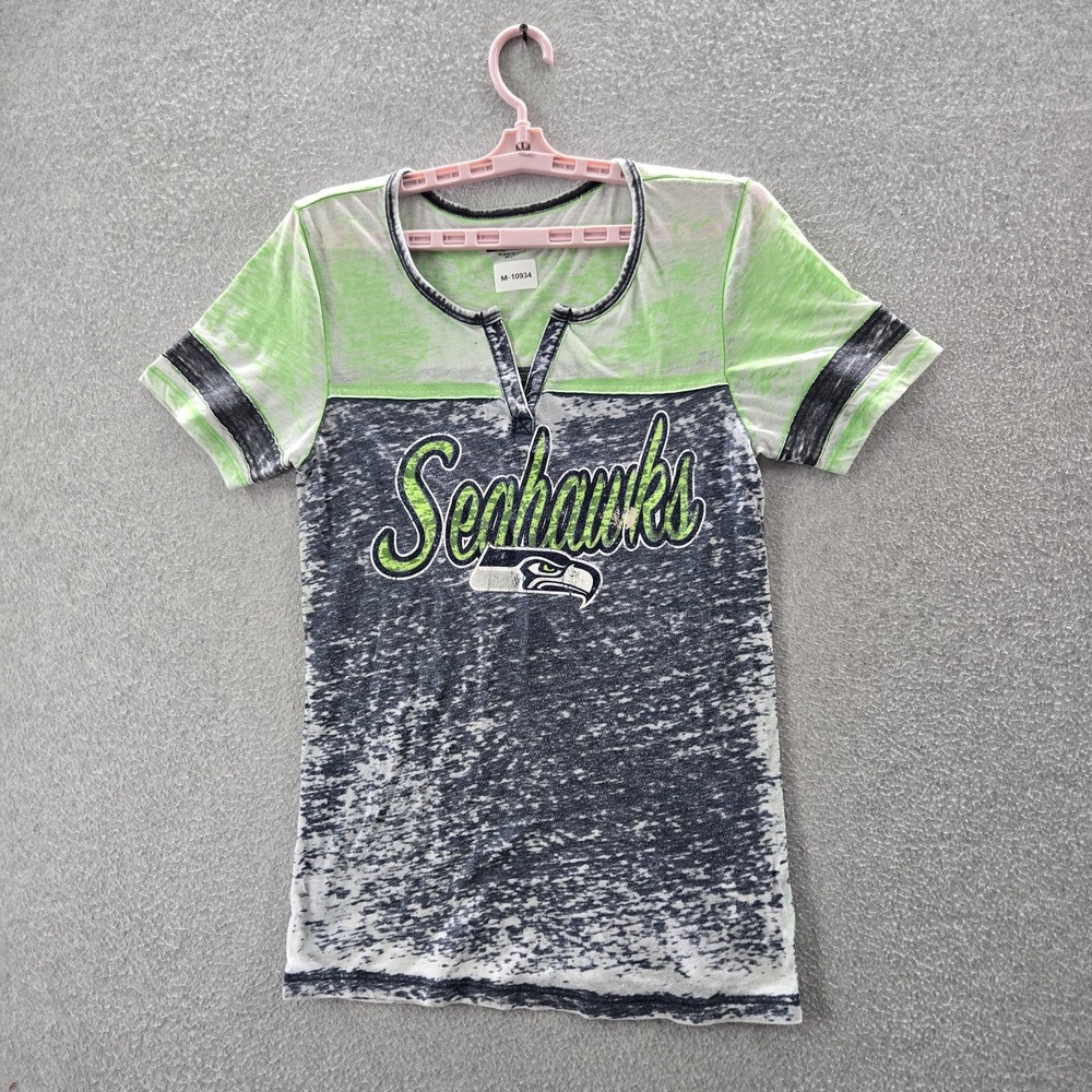 Seattle Seahawk Women Shirt S Green‎ Colorblock Sports Logo V-Neck Pullover